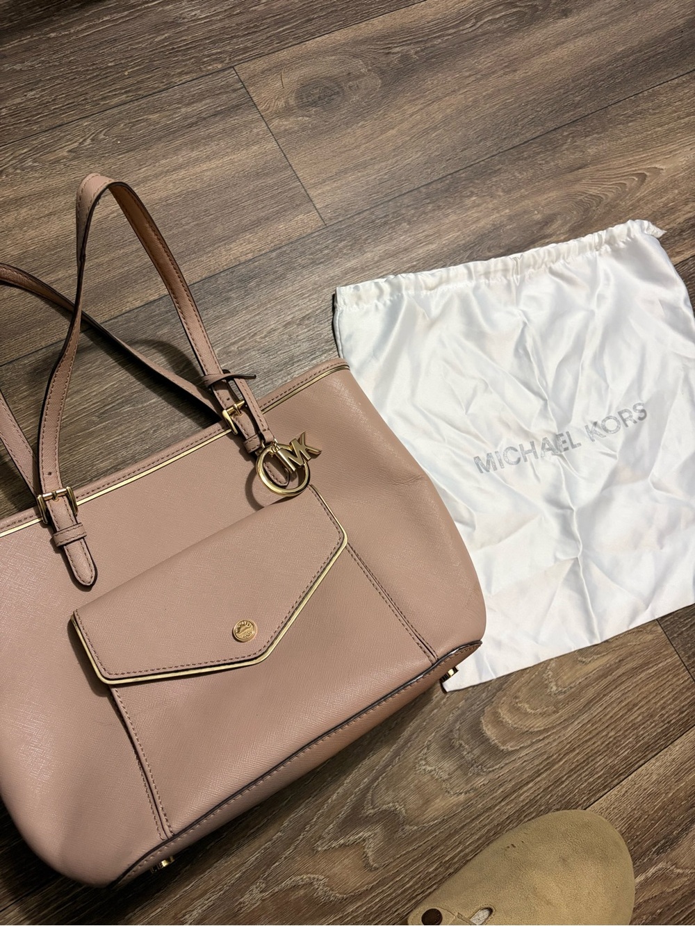 Michael Kors Blush Leather Shoulder Tote with Front Flap Pocket